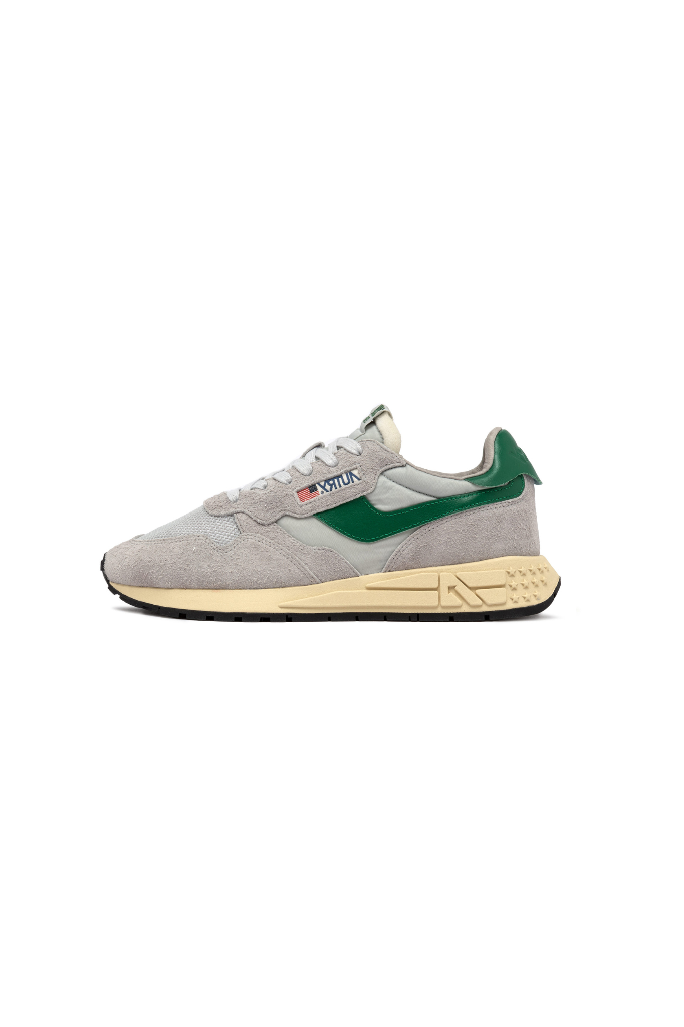 Autry reelwind low men sneakers in grey suede and green. Side view