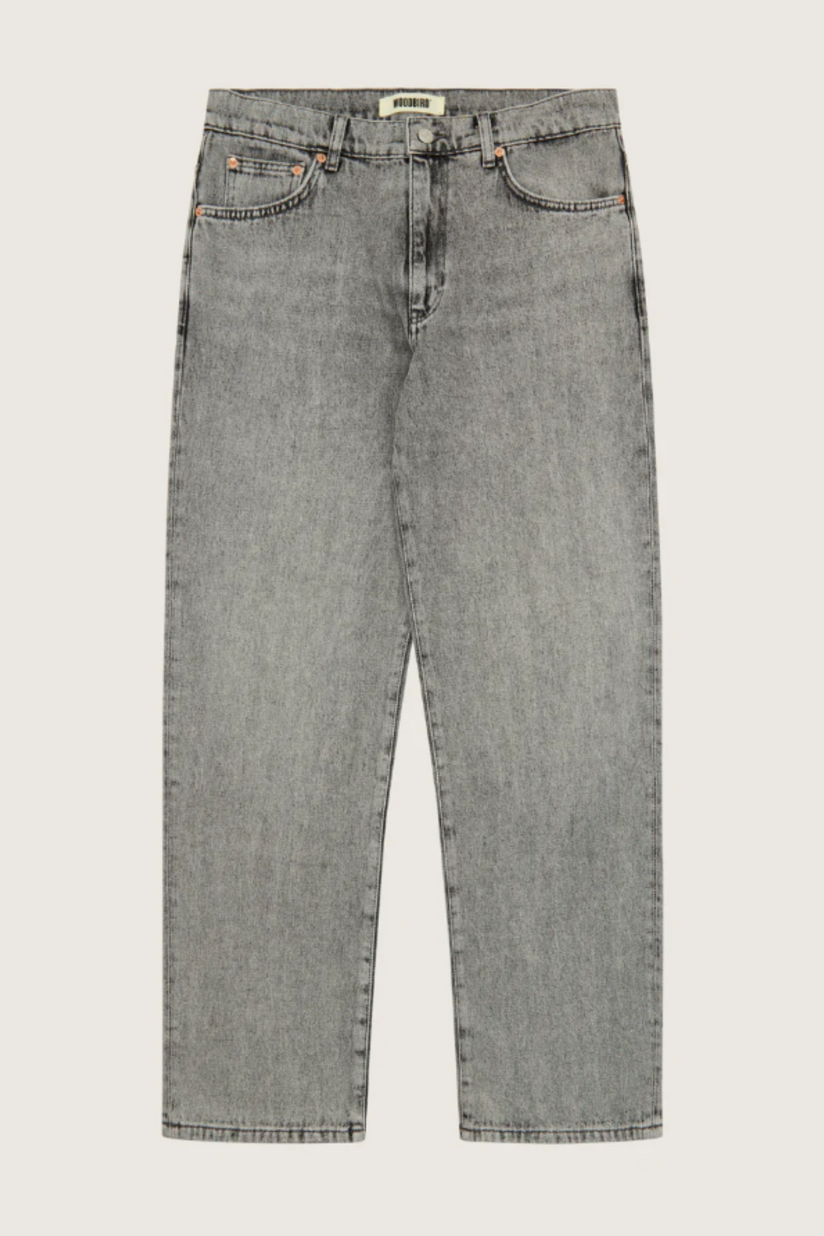 Woodbird Leroy ash grey jeans. Front flatlay view