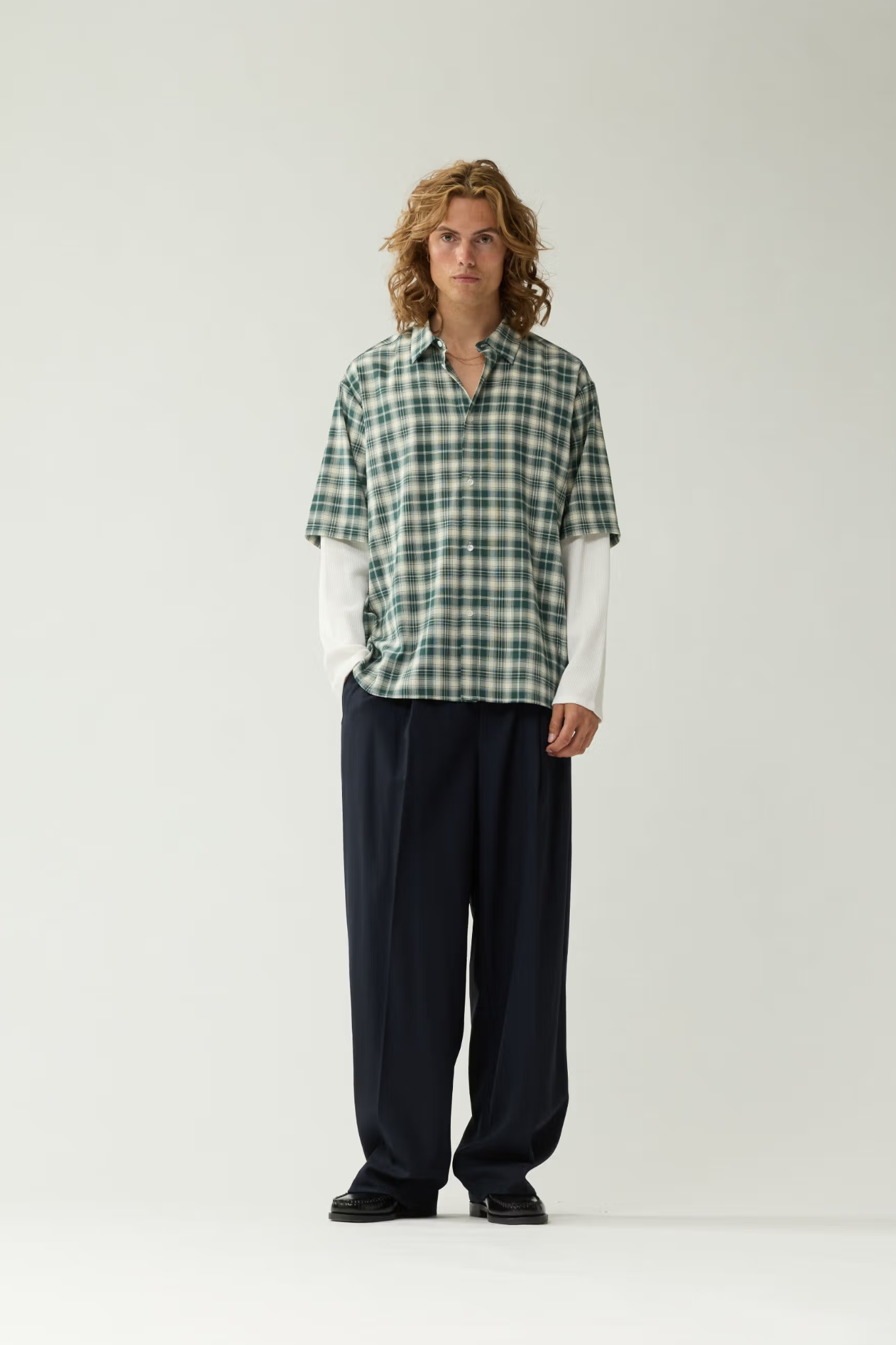 DOUBLE LAYER SHIRT - GREEN/WHITE CHECK