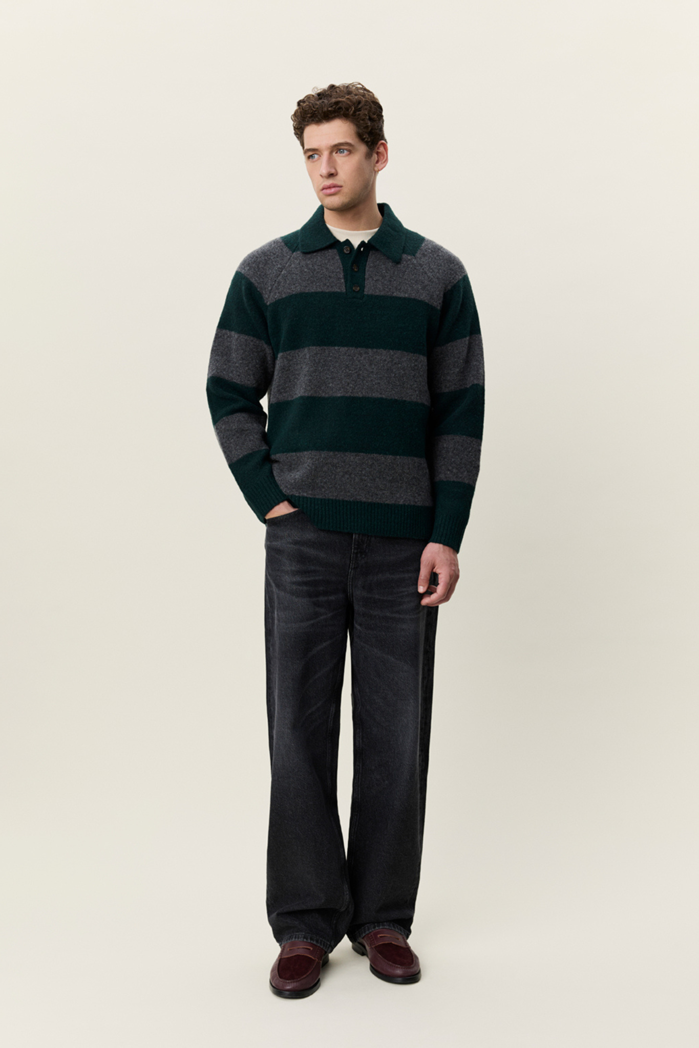 STRIPPED MELANGE KNITTED POLO - ROSIN GREEN