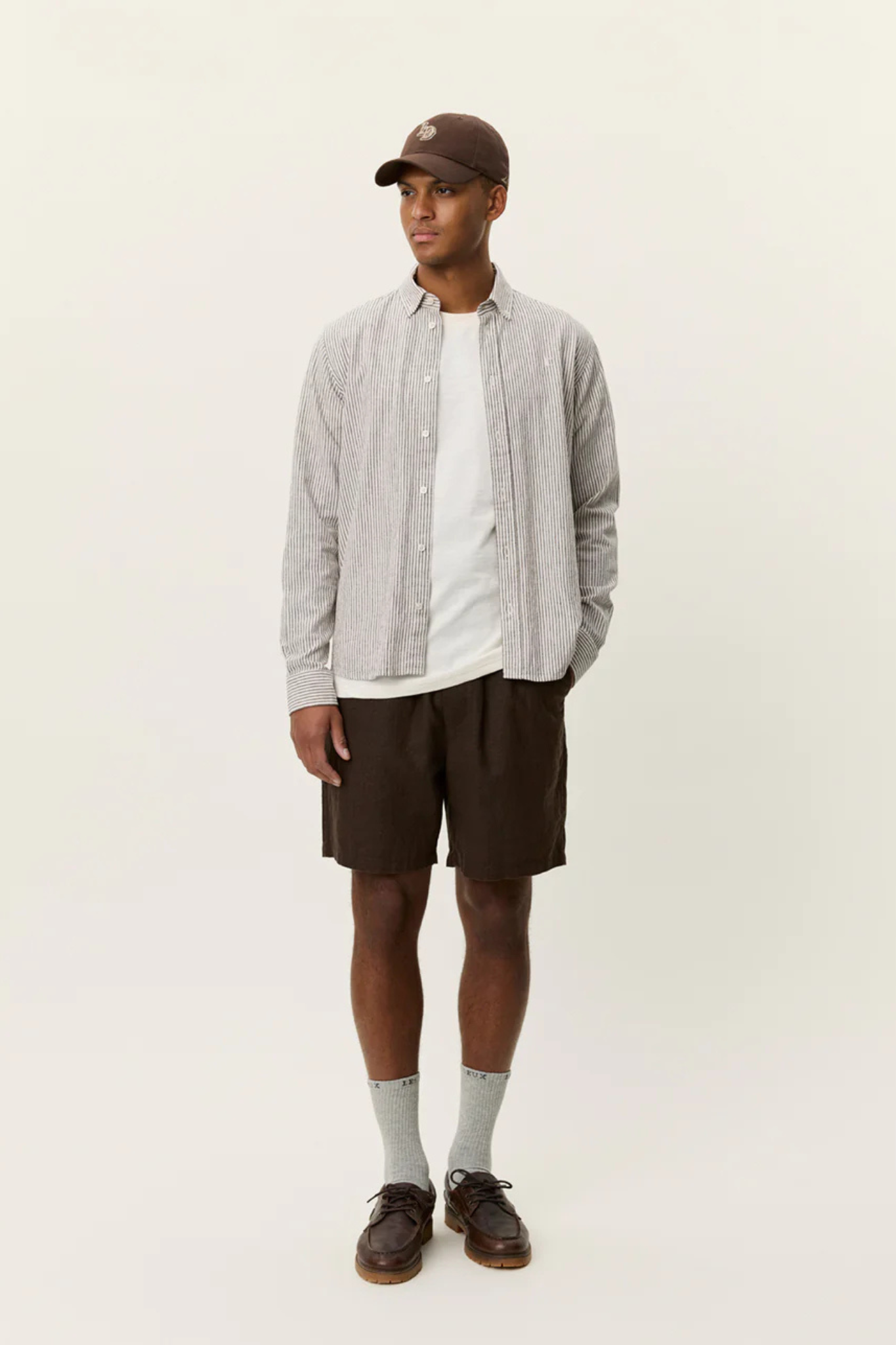 KONRAD STRIPE COTTON LINEN SHIRT - TEAK BROWN