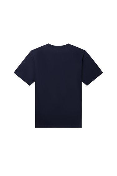 Daily Paper navy dotted logo tshirt with logo in light blue. Back flatlay view