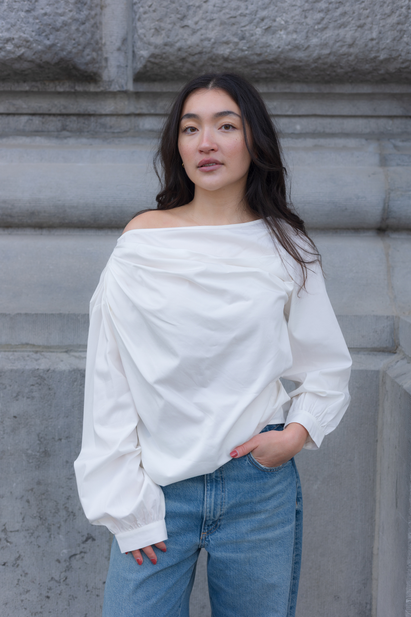 Model wearing the JIJI STUDIOS claire top in white. Front view