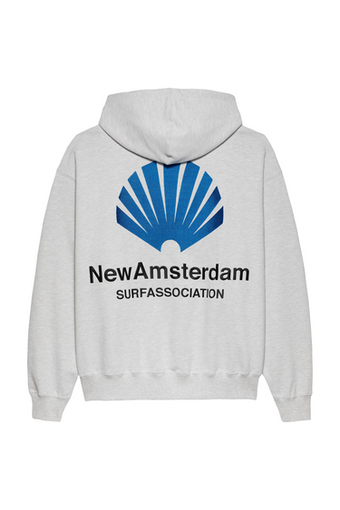 New Amsterdam light grey logo hoodie with logo in blue. Back flatlay view