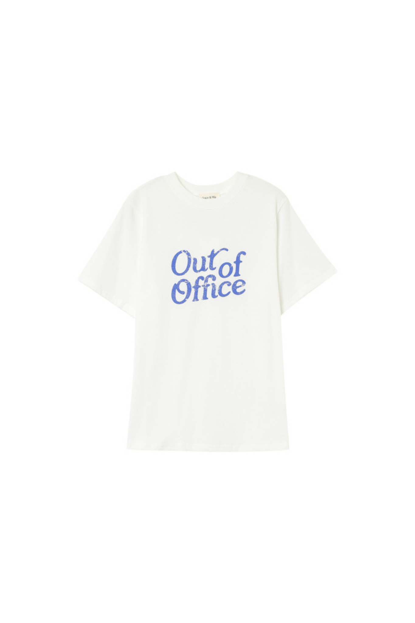 Grace & Mila white prelude out of office t-shirt with text in blue. Front flatlay view