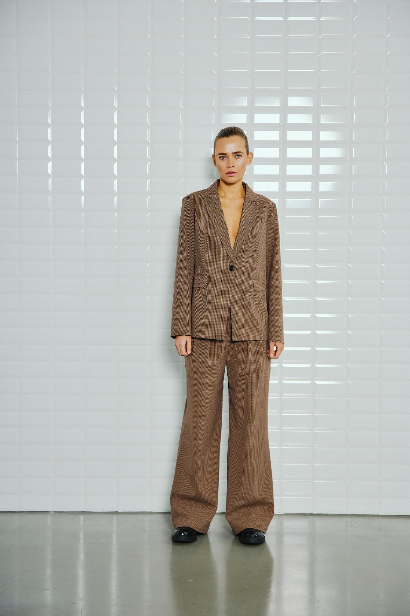 COLETTE WIDE TAILORED PANTS - COGNAC CHECK