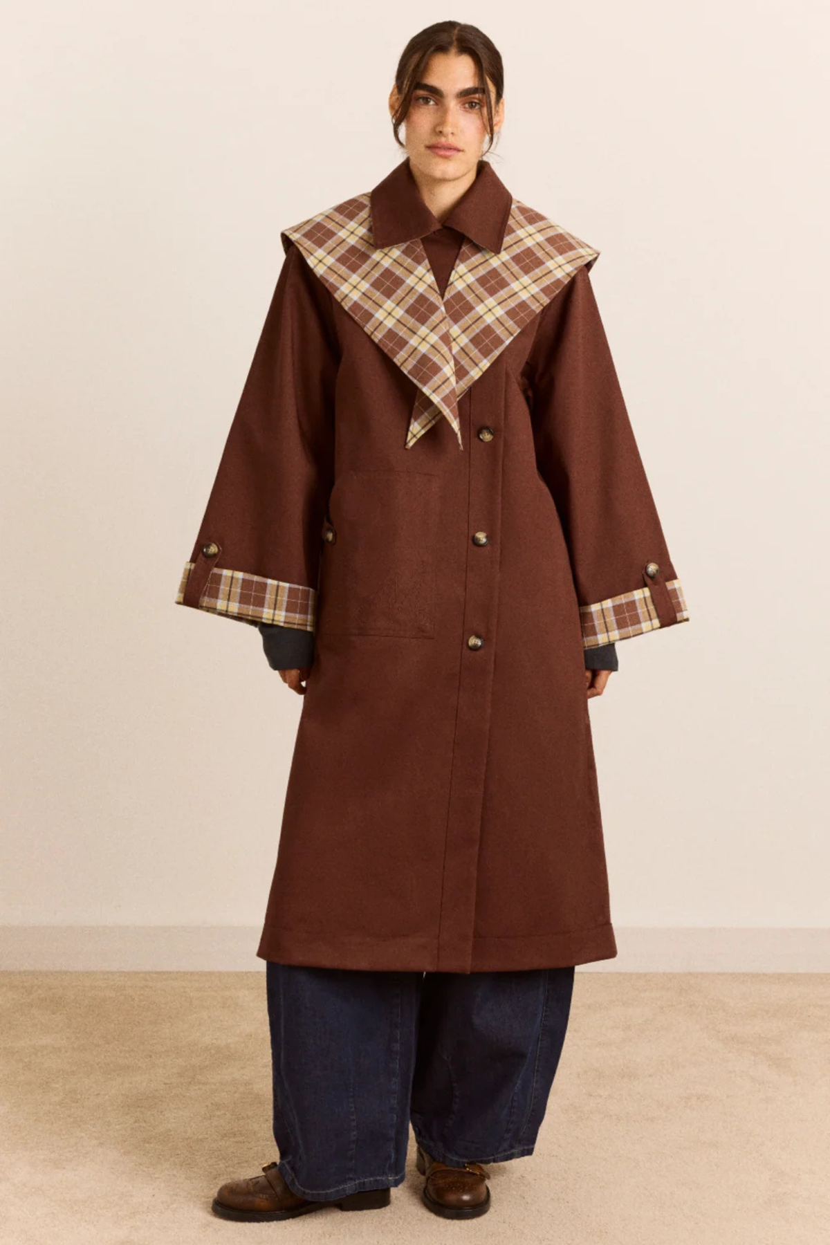 REVERSIBLE LONGLINE JERRY TRENCH JACKET - CHOCOLATE