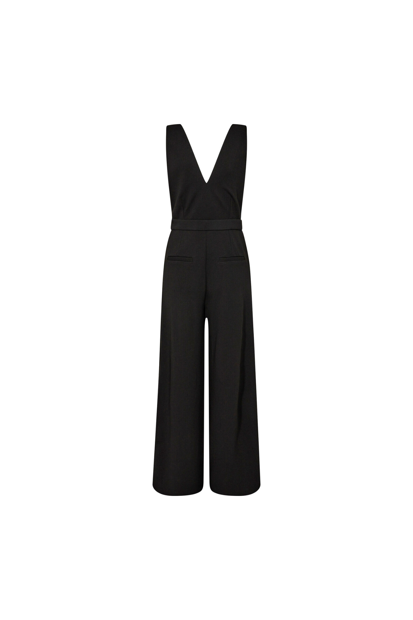 Co'Couture deep V jumpsuit in black. Back flatlay view