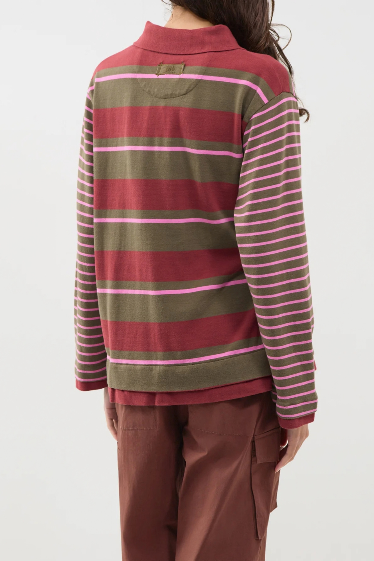 NOAH CINCH RUGBY SHIRT - OLIVE/PINK STRIPE