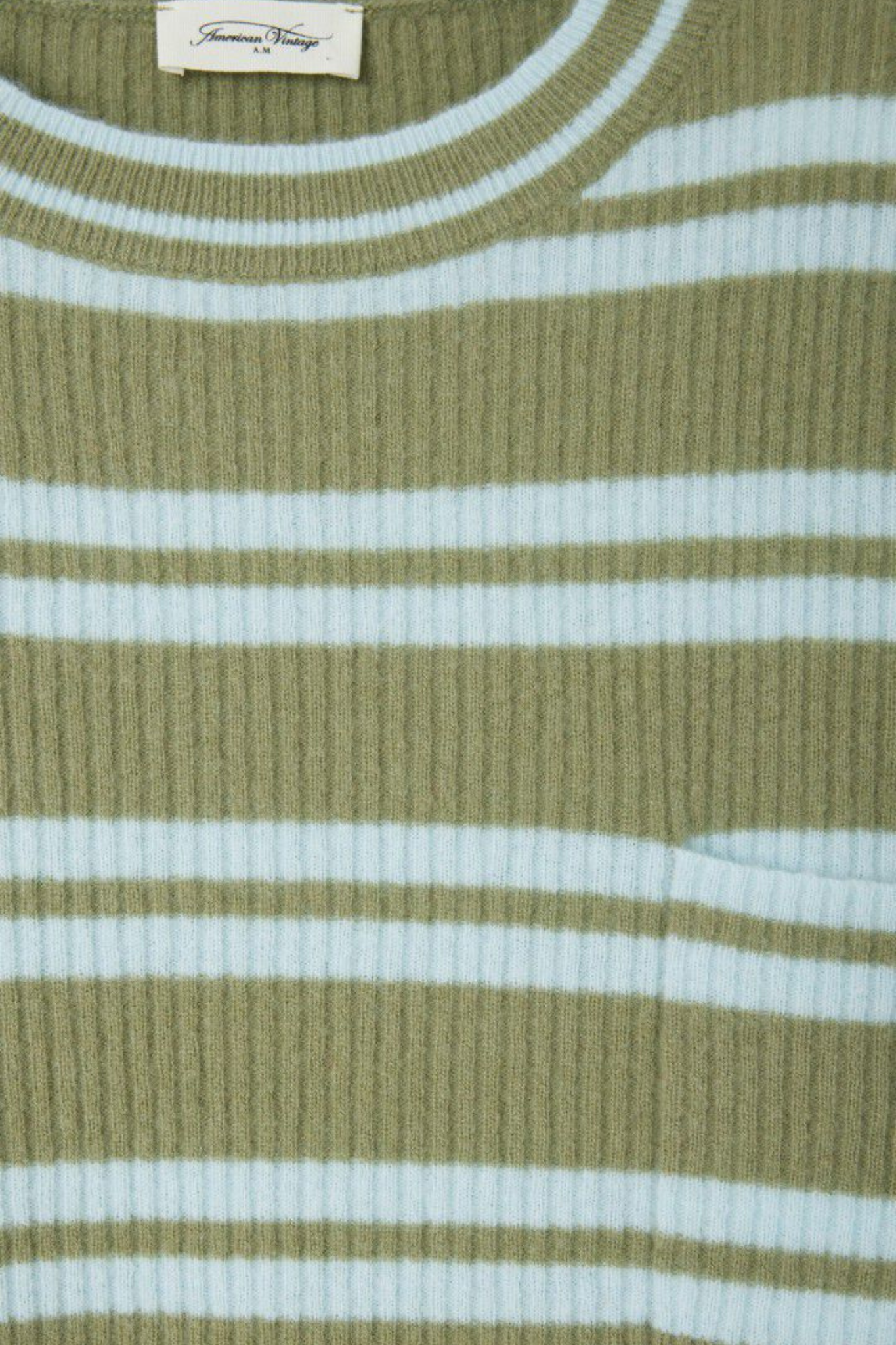 American Vintage green and light blue striped raxow sweater. Close front view