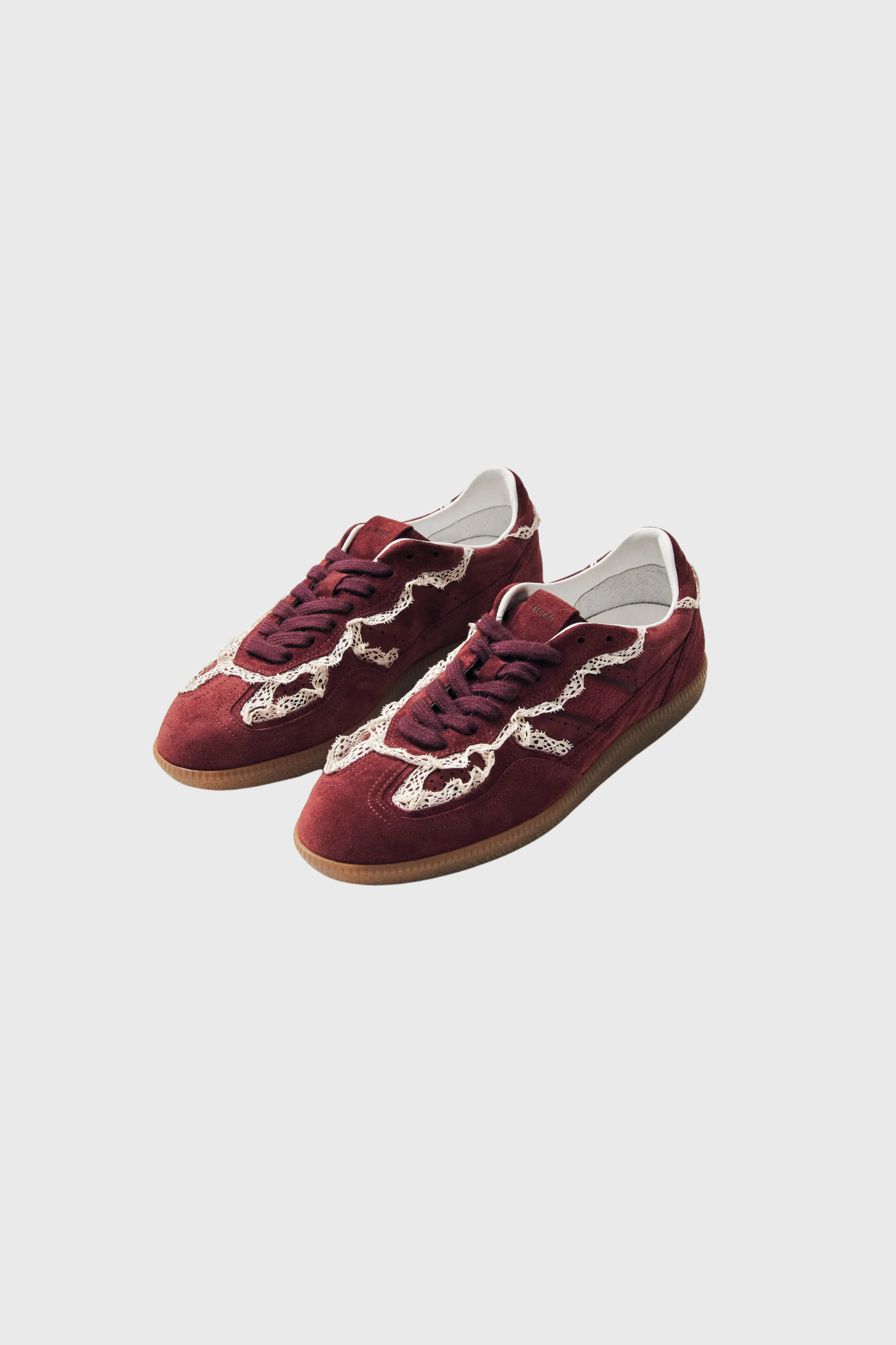 Alohas crochet leather sneakers in burgundy. Front view