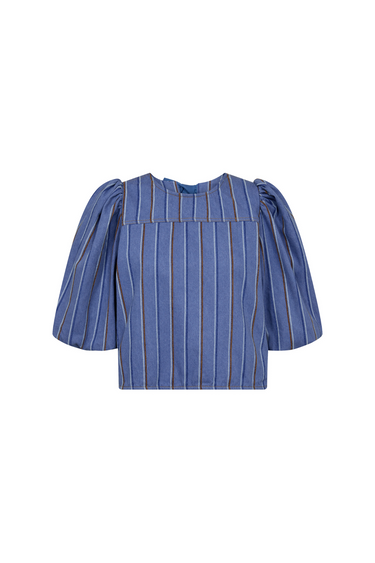 Co'Couture striped bow blouse in blue. Back flatlay view