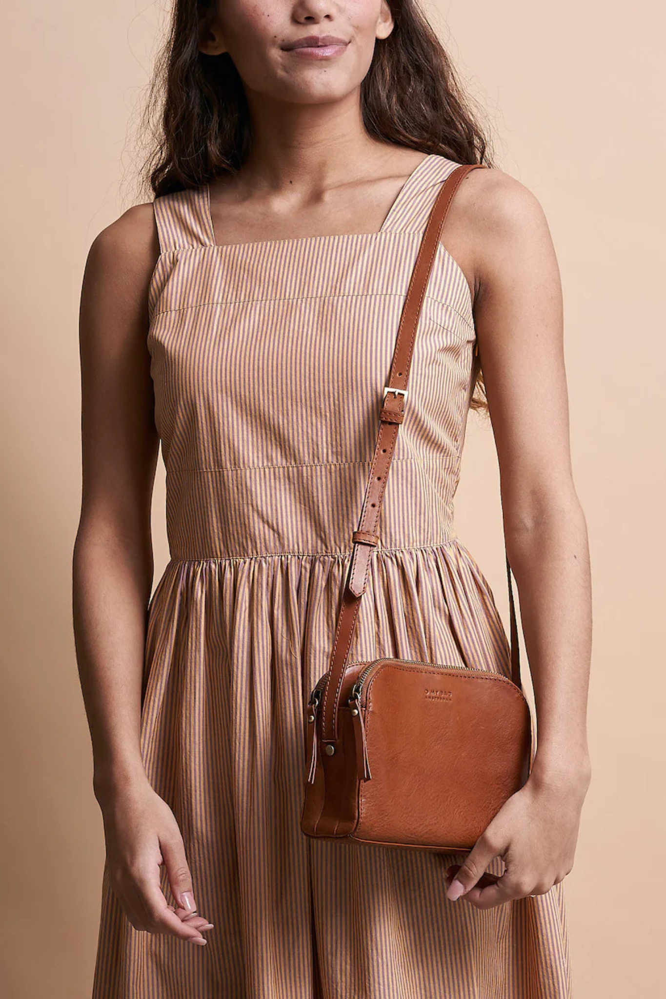 O MY BAG Emily cognac stromboli leather bag. Front view
