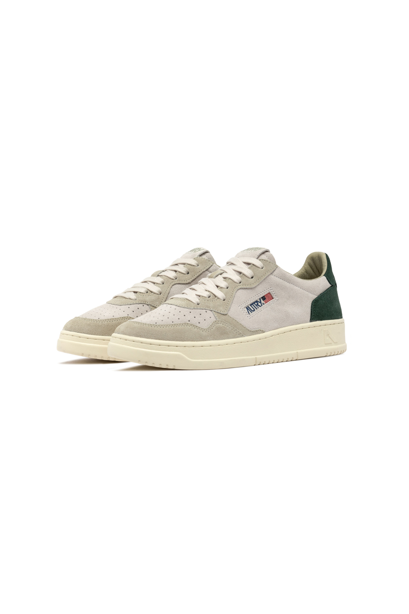 Autry medalist low man sneakers in grey and green suede. Side view