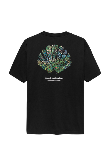 New Amsterdam black tall grass t-shirt with logo in white. Back flatlay view