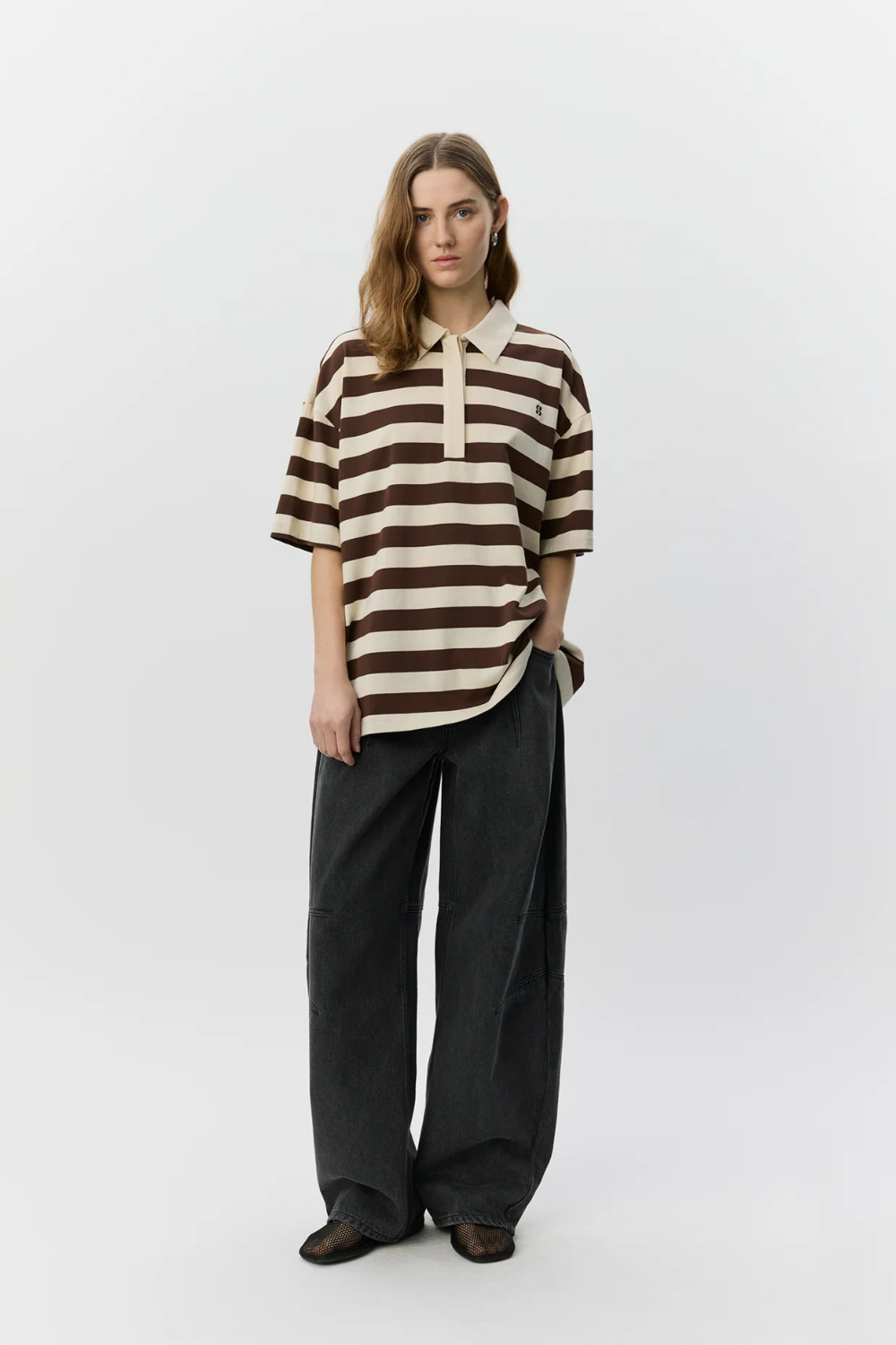PIL OVERSIZE STRIPED POLOSHIRT - OFF WHITE/BROWN STRIPED