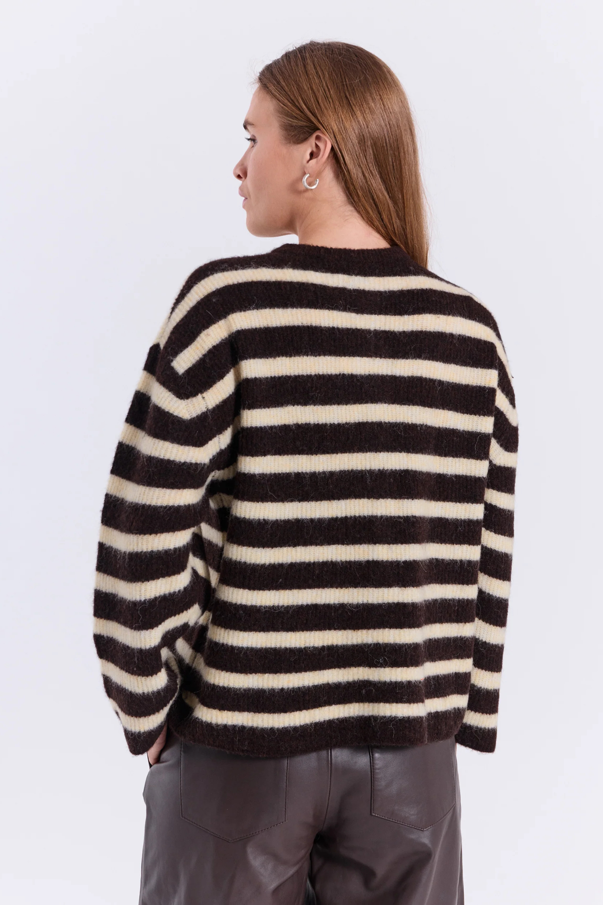 HALLI STRIPED LS KNIT CARDIGAN - BROWN WITH YELLOW STRIPE