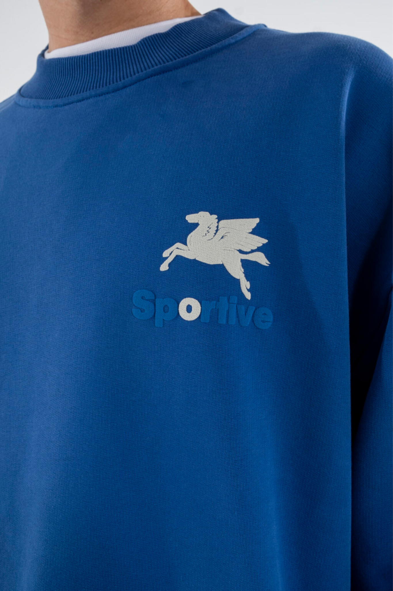 Model wearing the Goodies Sportive crewneck sweater in blue and logo in white. Close front view