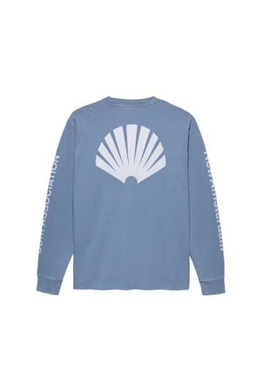 Blue New Amsterdam longsleeve t-shirt with logo in white on the back and letters on the sleeves. Back flatlay view