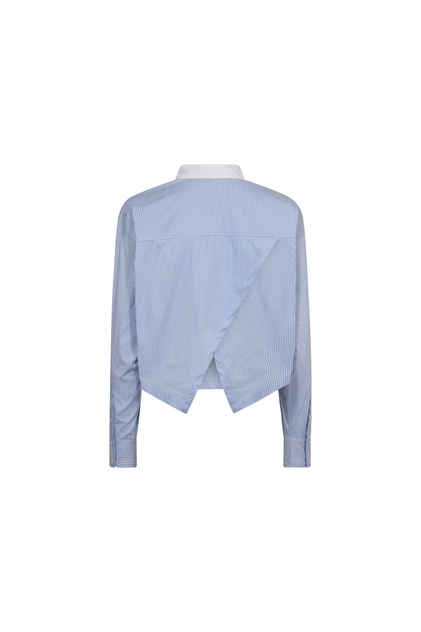 Co'Couture cropped blue striped shirt with detail on the back and white collar. Back flatlay view