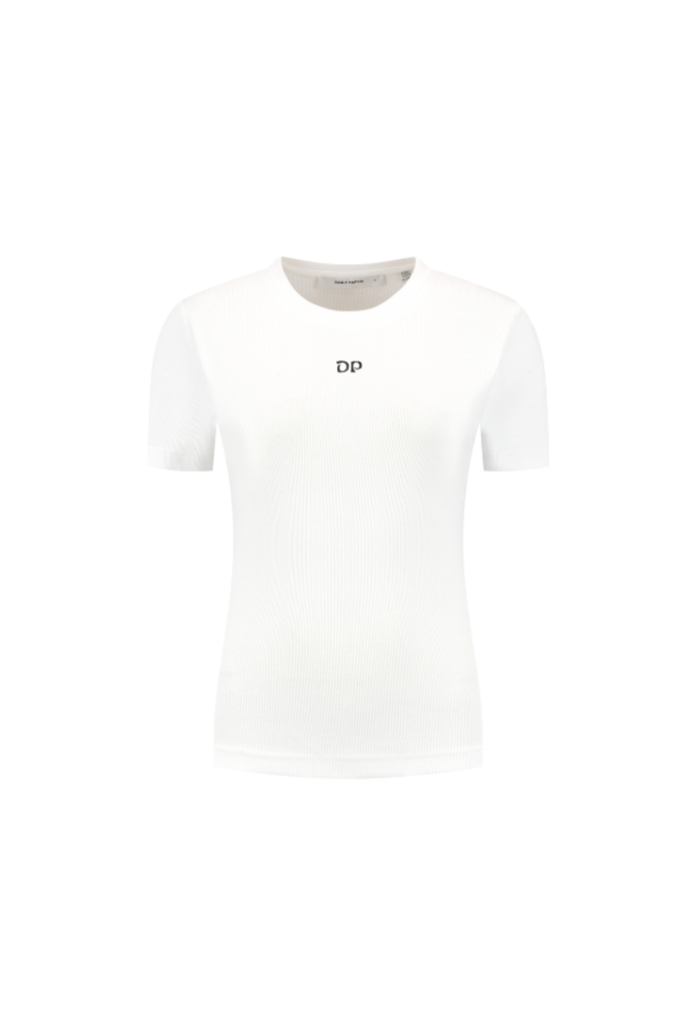 Daily Paper white rib tshirt top with logo in black. Front flatlay view