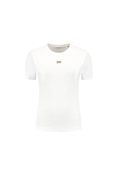 Daily Paper white rib tshirt top with logo in black. Front flatlay view