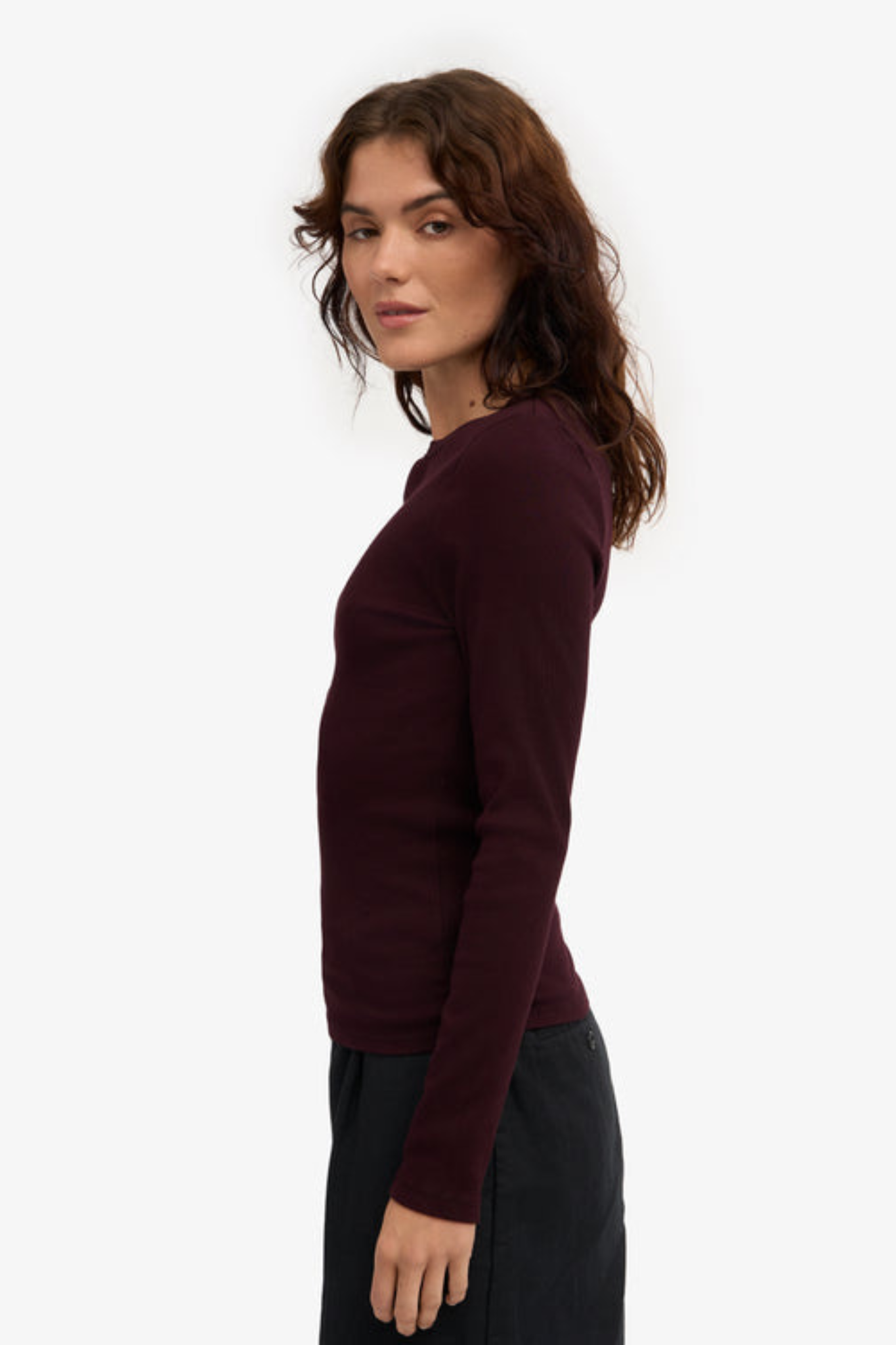 ORGANIC RIB LS T-SHIRT WOMEN - OXBLOOD RED