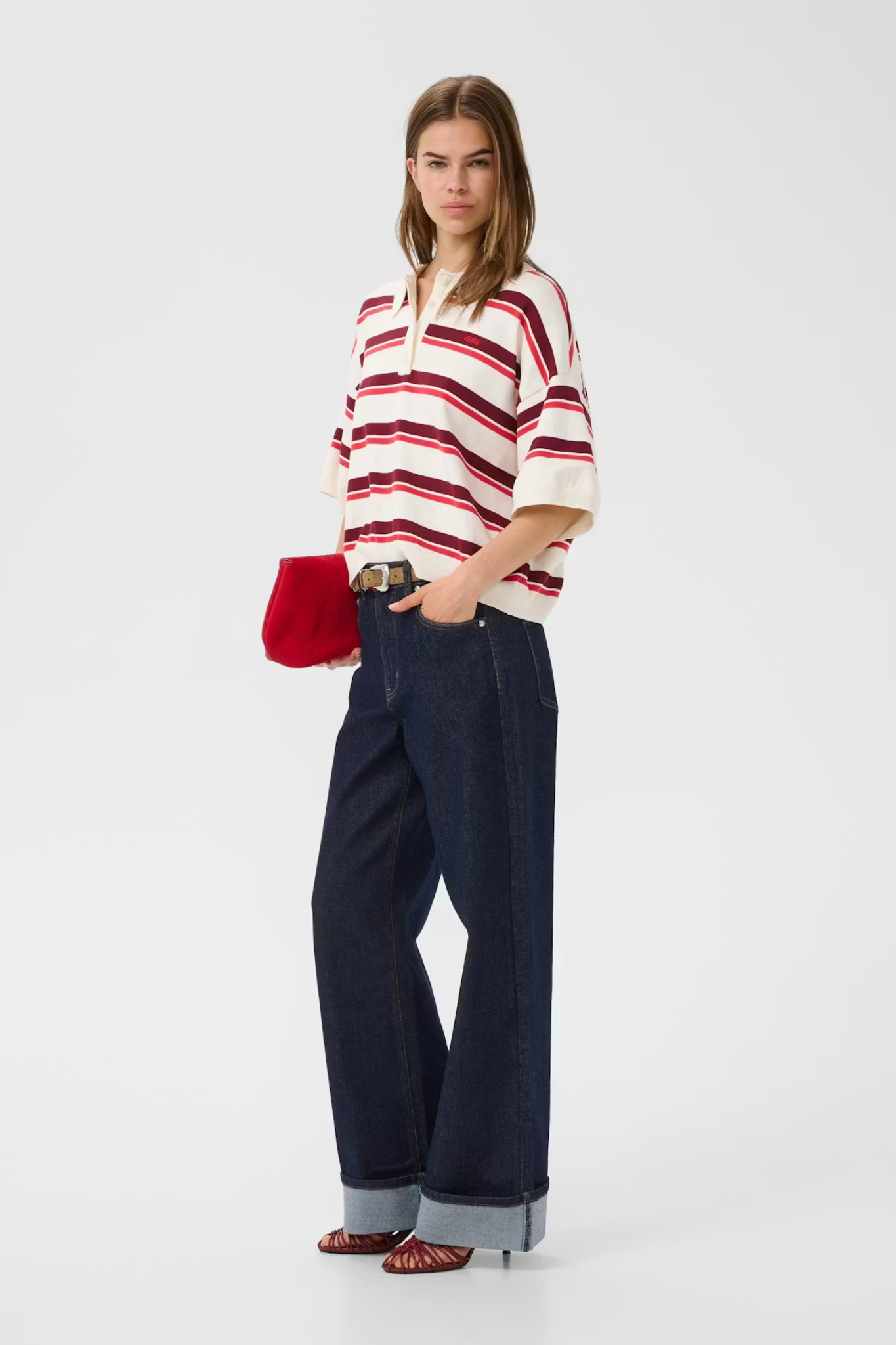 TAIA SS POLO PULLOVER - EGRET/CABERNET/POINSETTIA