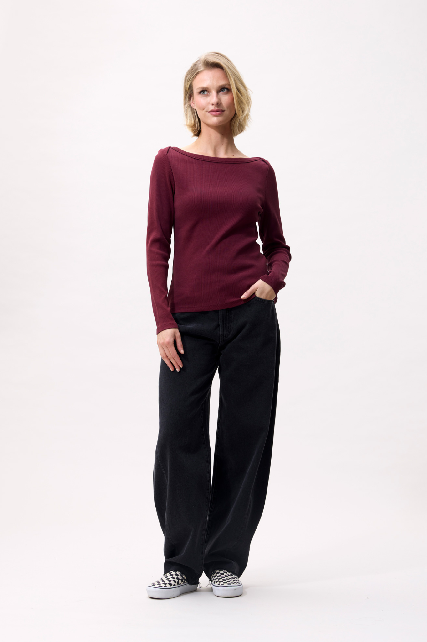 BOATNECK RIB LONG SLEEVE T-SHIRT  - MERLOT
