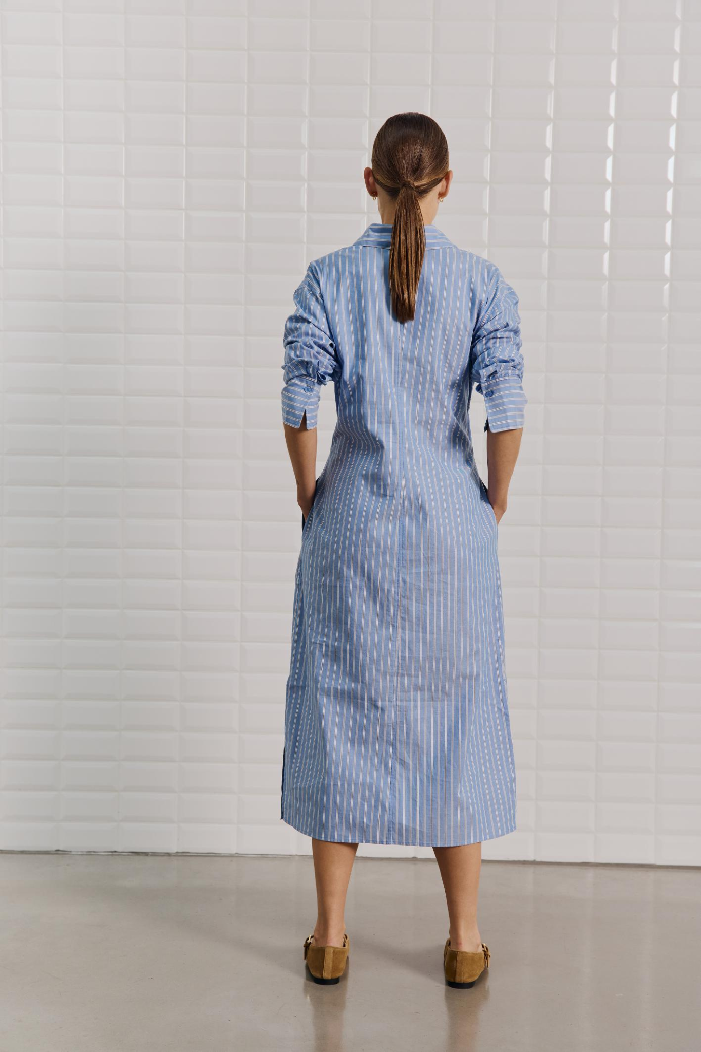 MESA STRIPED LS MIDI DRESS - BLUE/BROWN PINSTRIPE