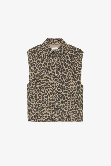 Catwalk Junkie sleeveless leopard denim jacket. Front flatlay view