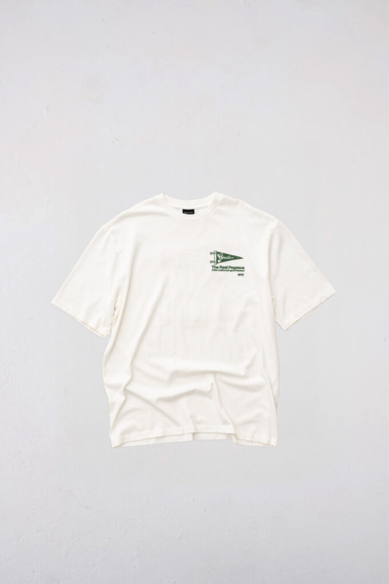 Goodies Sportive flag t-shirt in white and graphic in green. Front flatlay view