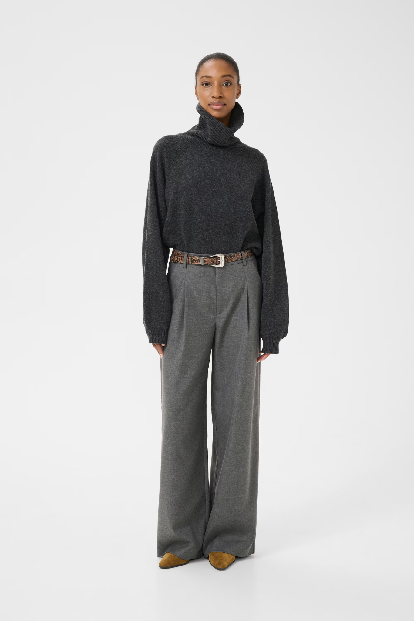 PAULA MELANGE MW WIDE PANTS - DARK GREY MELANGE