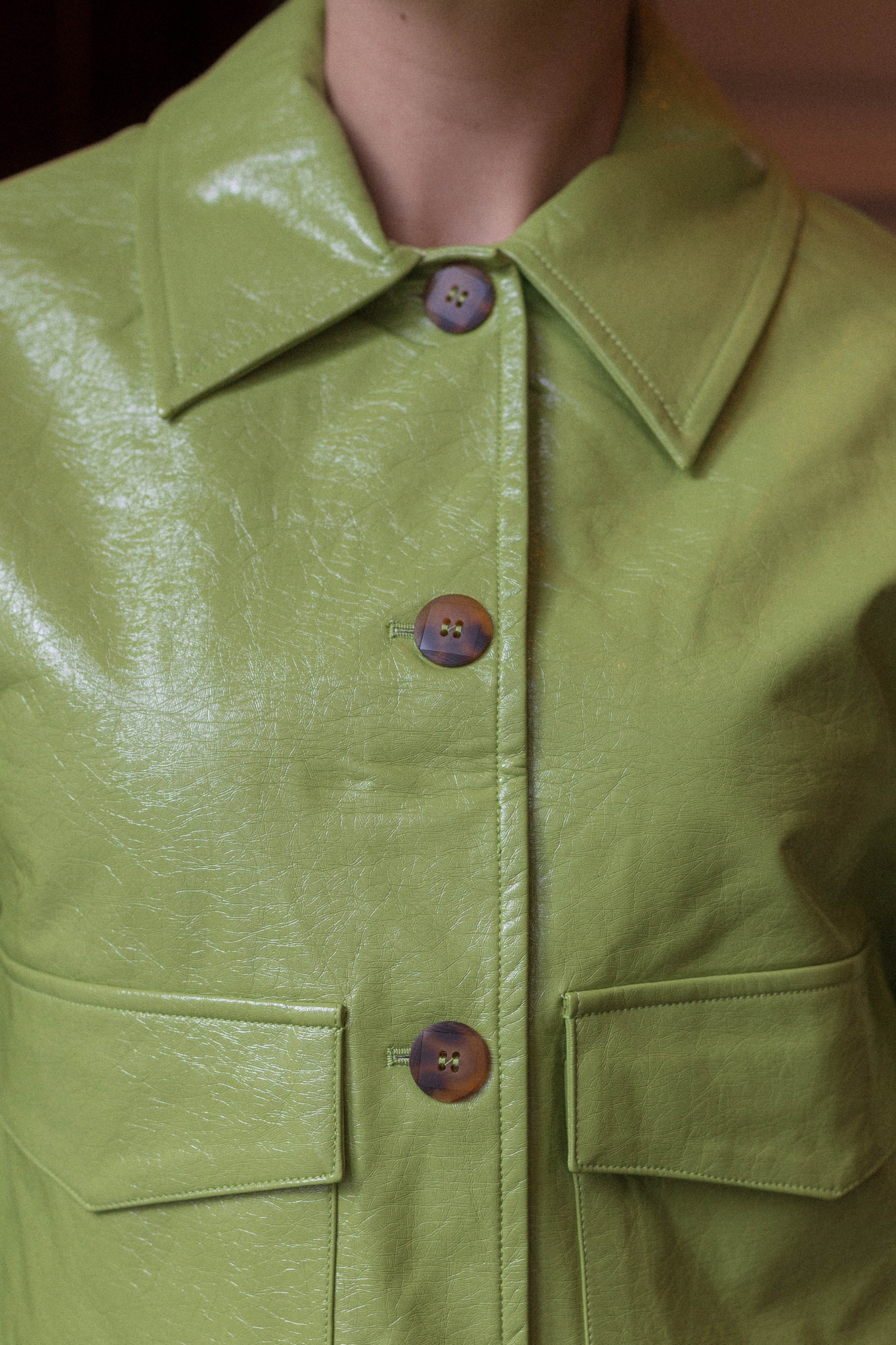 Model wearing the FRNCH carmelie jacket in green. Close front view