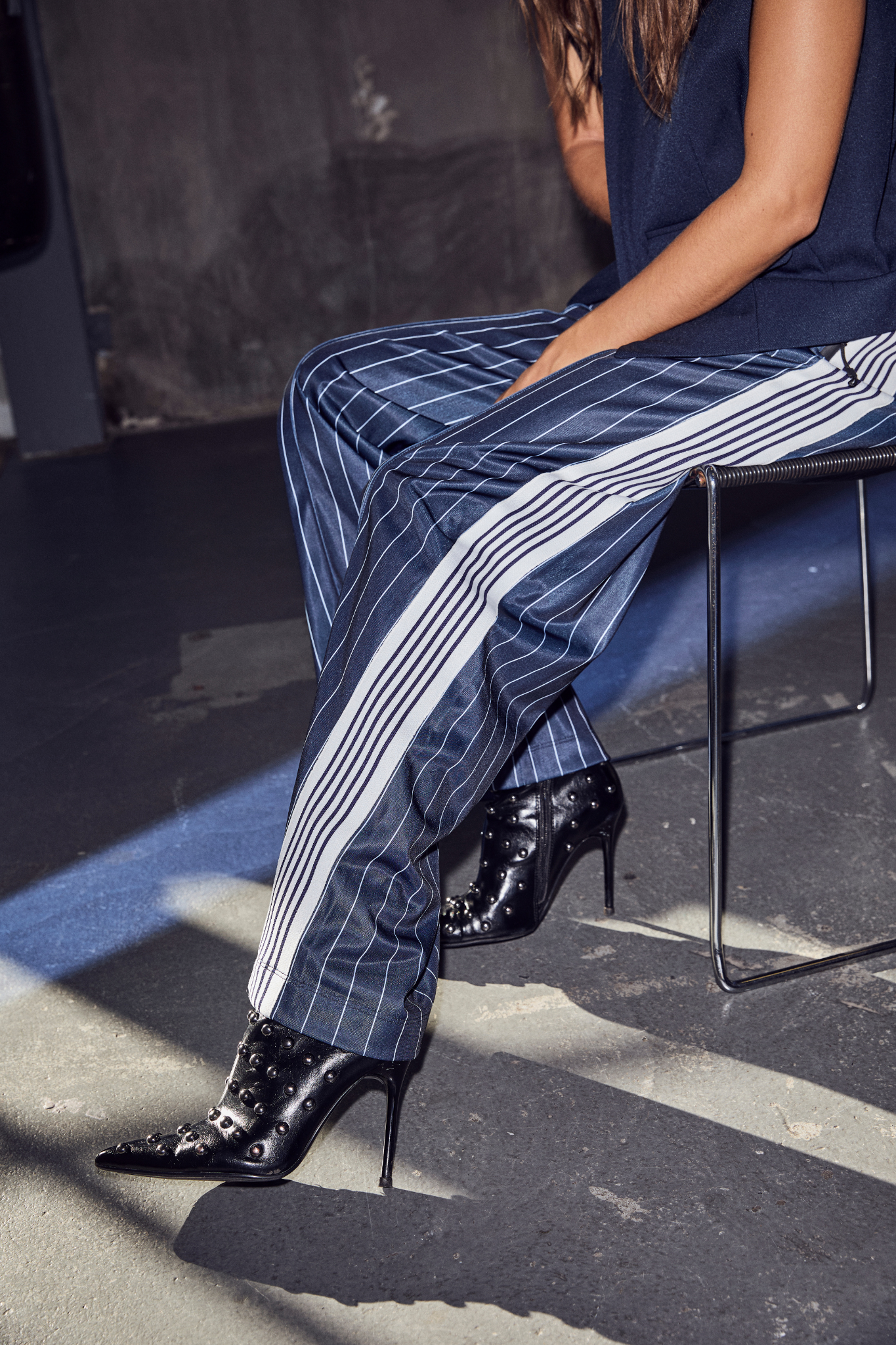 BAGGY PIN STRIPE TRACK PANTS - NAVY