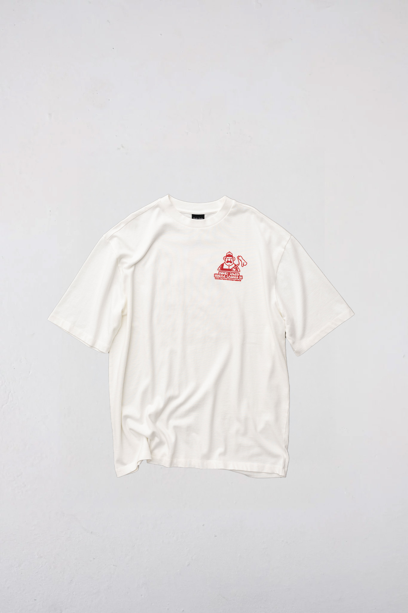 Goodies Sportive money talks t-shirt in white and graphic in red. Front flatlay view