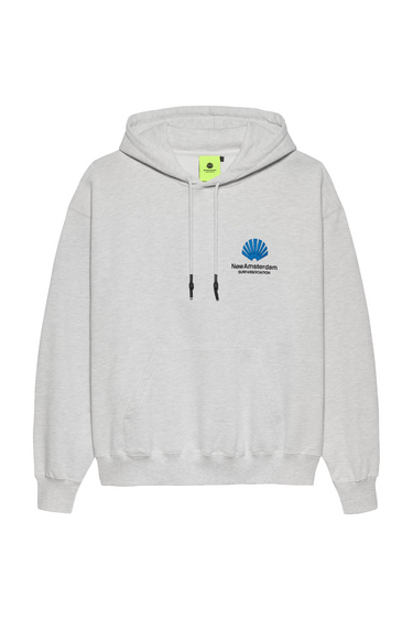 New Amsterdam light grey logo hoodie with logo in blue. Front flatlay view