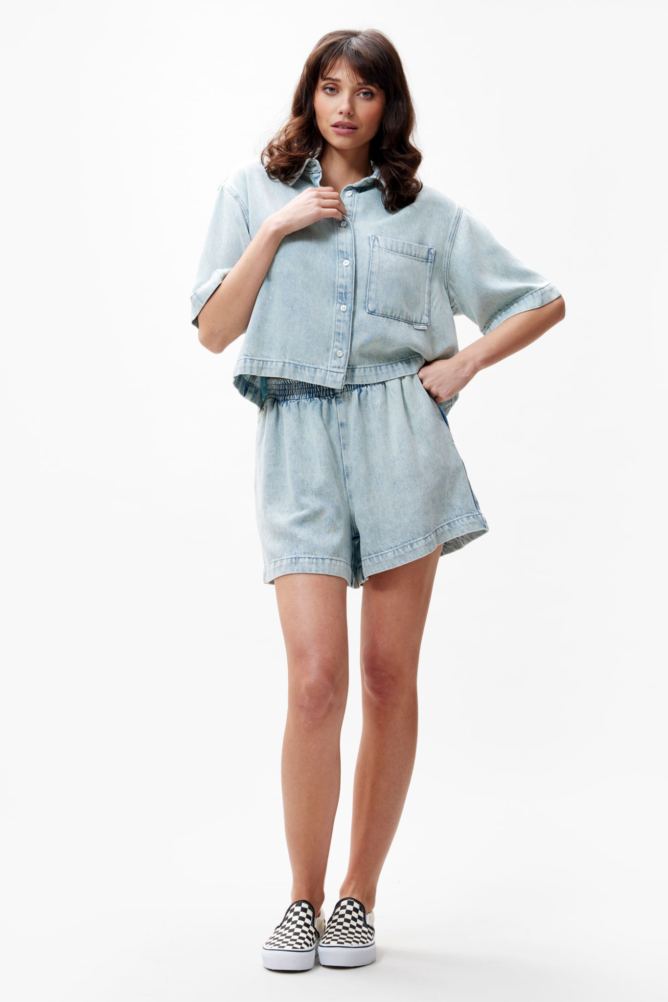 SHORT SLEEVE DENIM BLOUSE - BLUE