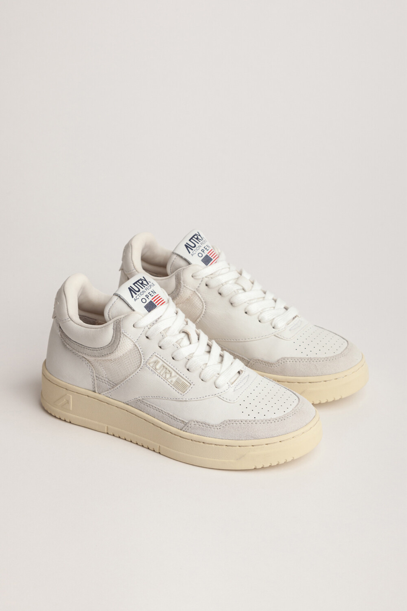 AOMW-CE11 - OPEN MID-TOP SNEAKERS IN LEATHER, MESH AND SUEDE COLOR WHITE