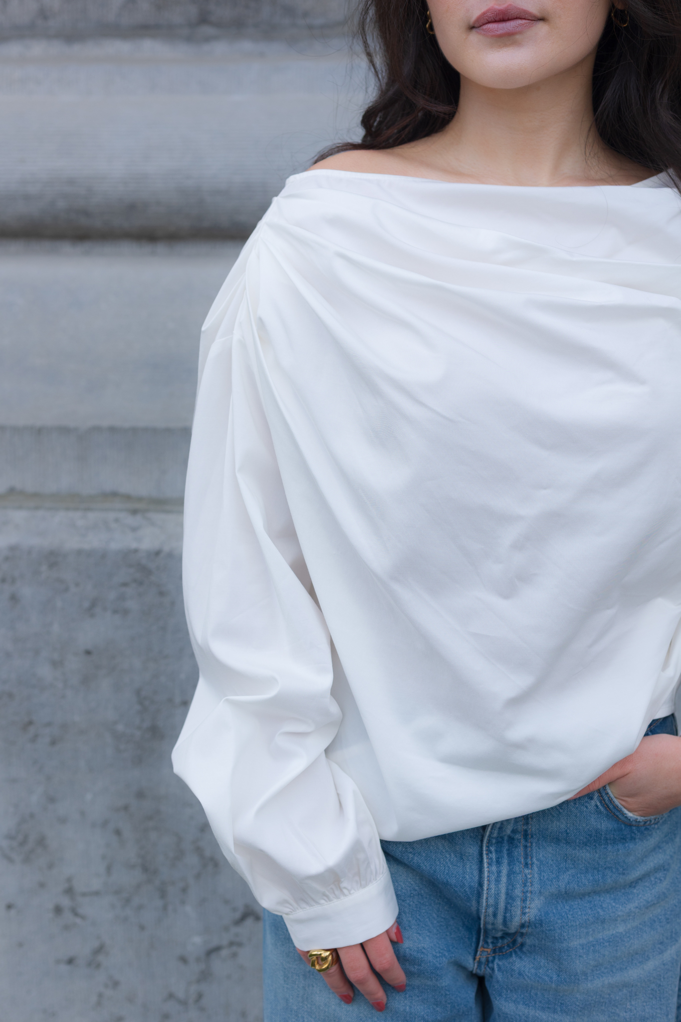 Model wearing the JIJI STUDIOS claire top in white. Front view