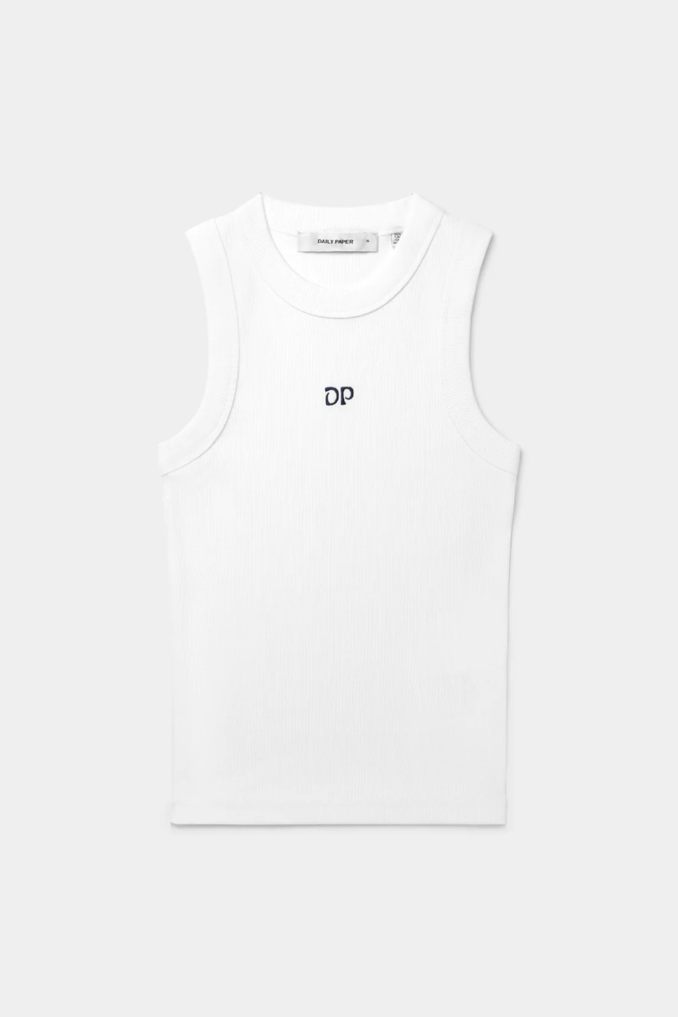 Daily Paper white rib tank top with logo in black. Front flatlay view