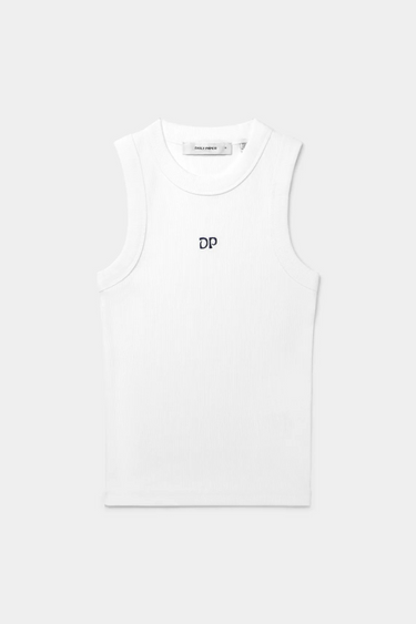 Daily Paper white rib tank top with logo in black. Front flatlay view