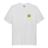 New Amsterdam white logo t-shirt with logo in green. Front flatlay view