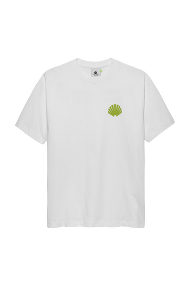 New Amsterdam white logo t-shirt with logo in green. Front flatlay view