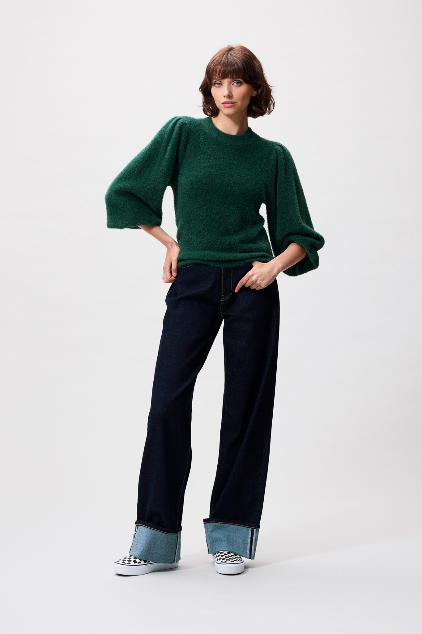FUZZY PUFF SLEEVE KNIT - PINE FOREST