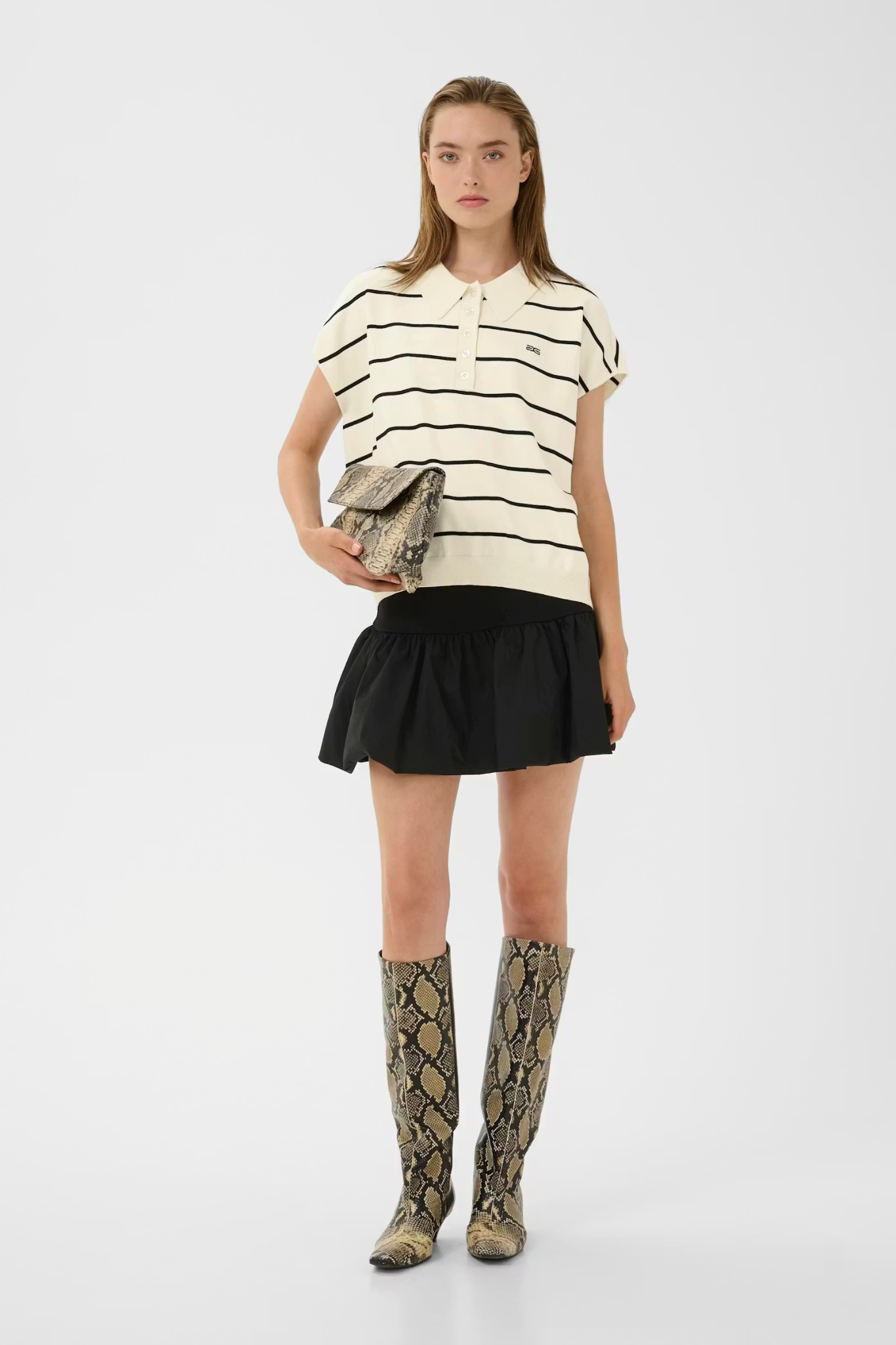 SAIA POLO PULLOVER - EGRET/BLACK STRIPED
