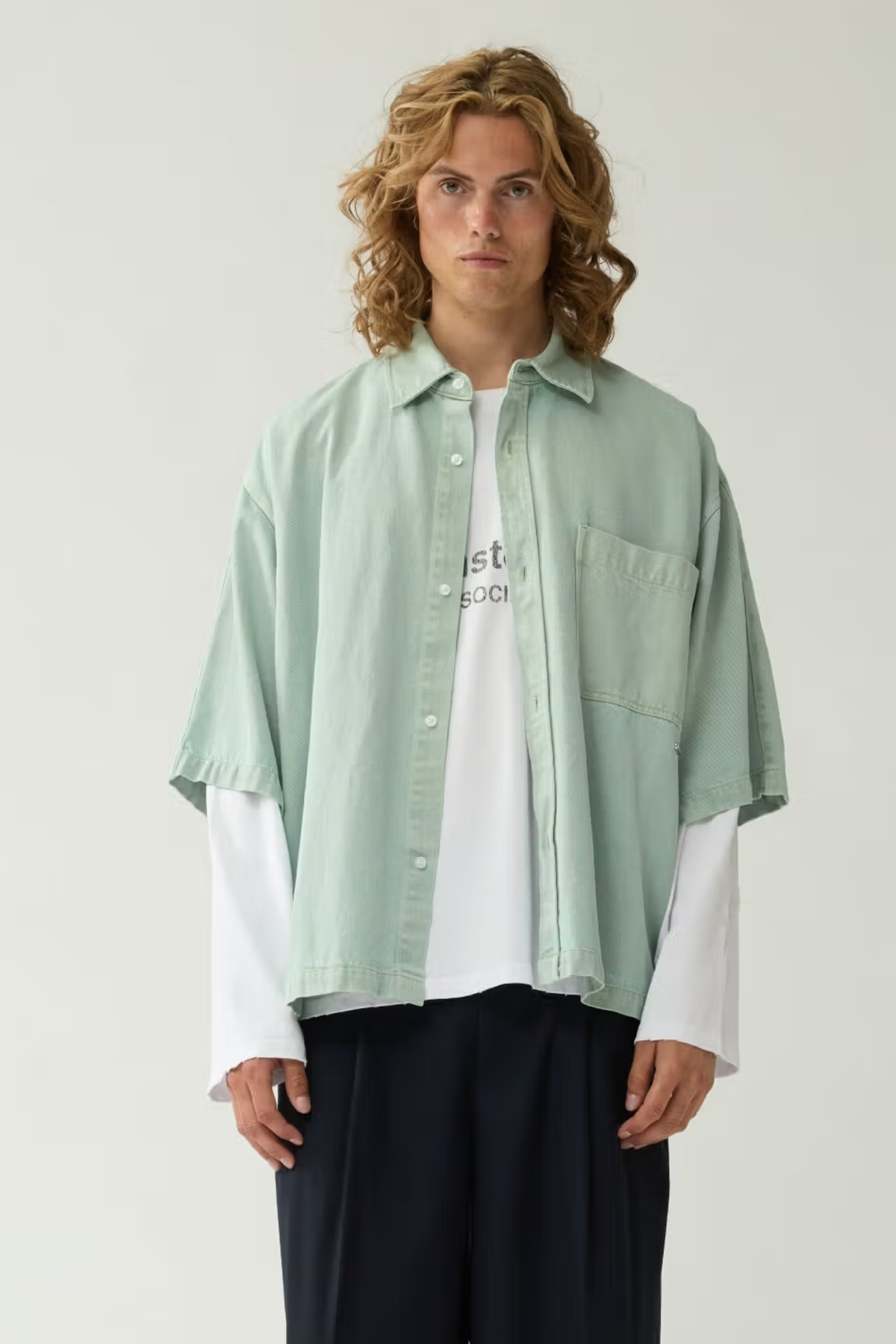 DENIM SHORT SLEEVE BUTTON-UP - MINT