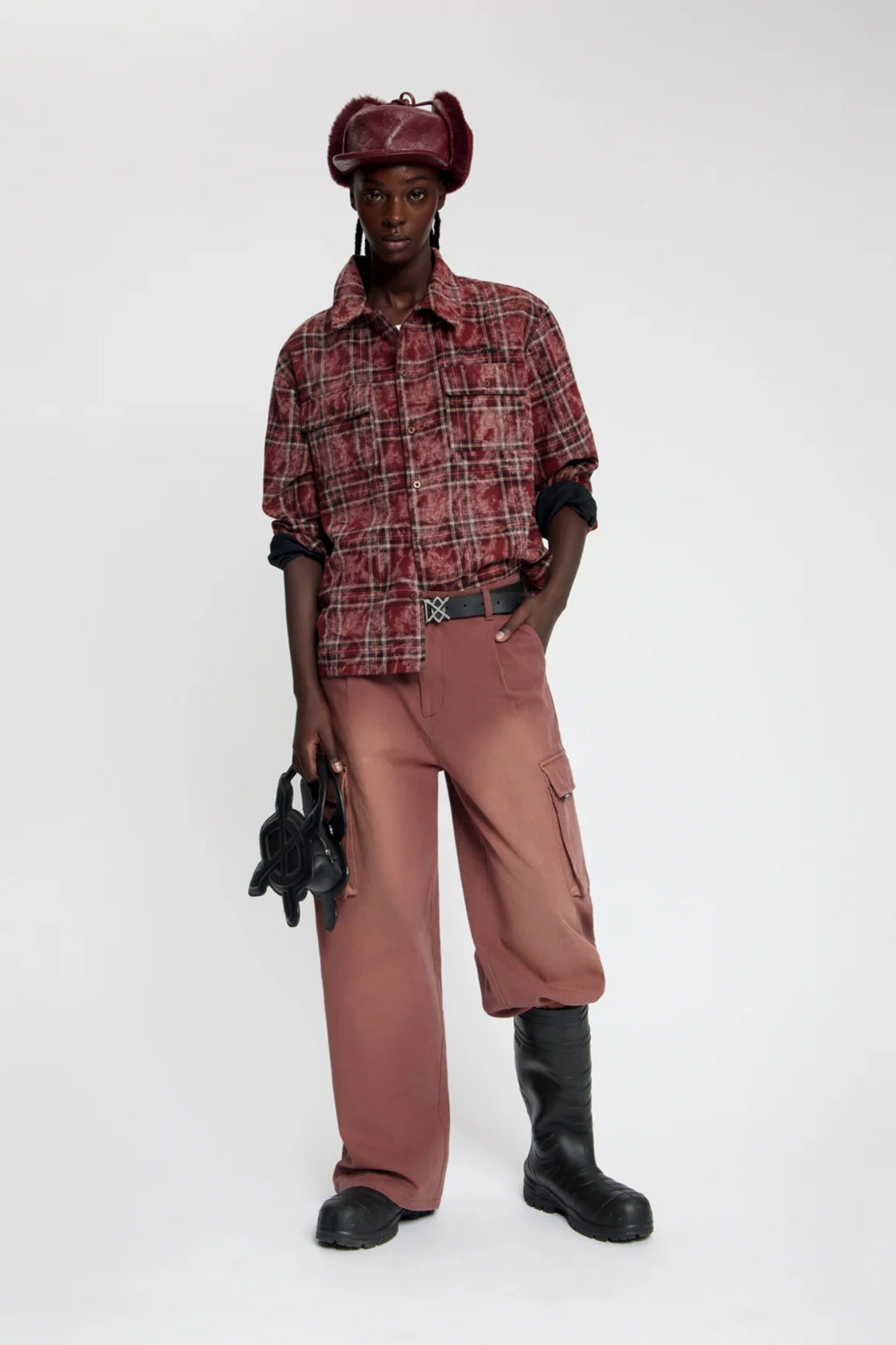 WASHED CHECK LS SHIRT - BURGUNDY