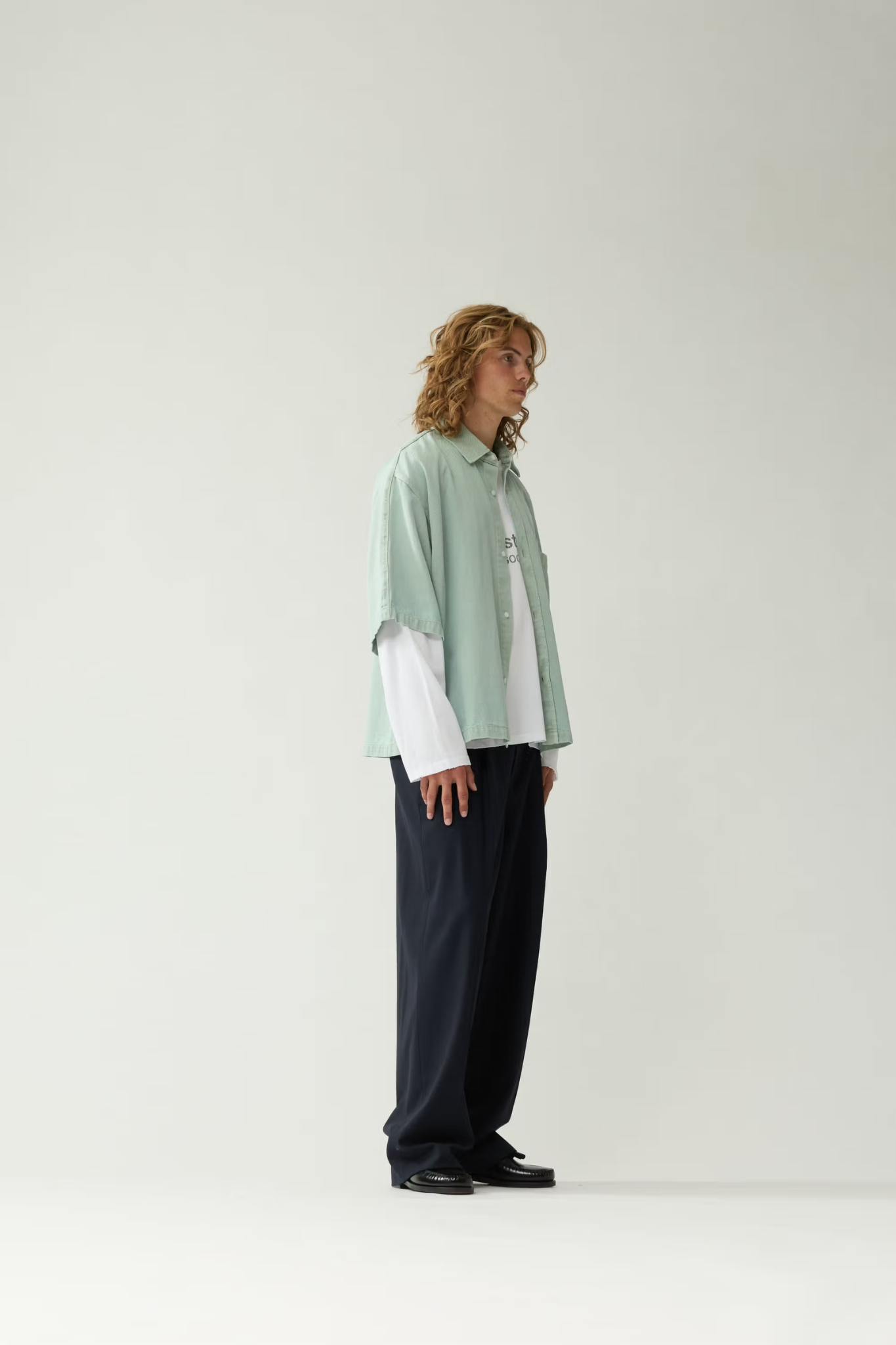 DENIM SHORT SLEEVE BUTTON-UP - MINT