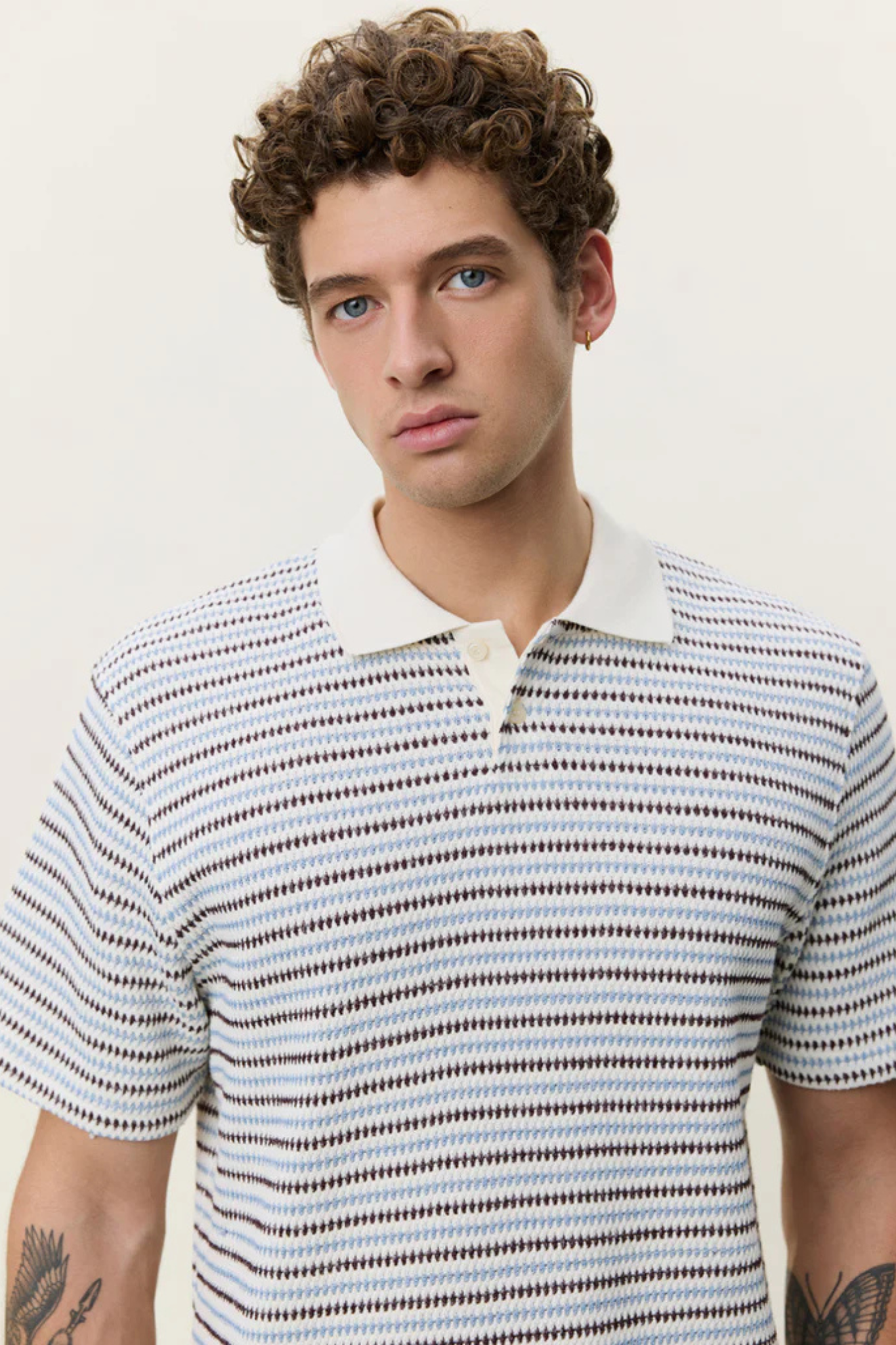 KNITTED STRIPED POLO - EGGNOG WHITE